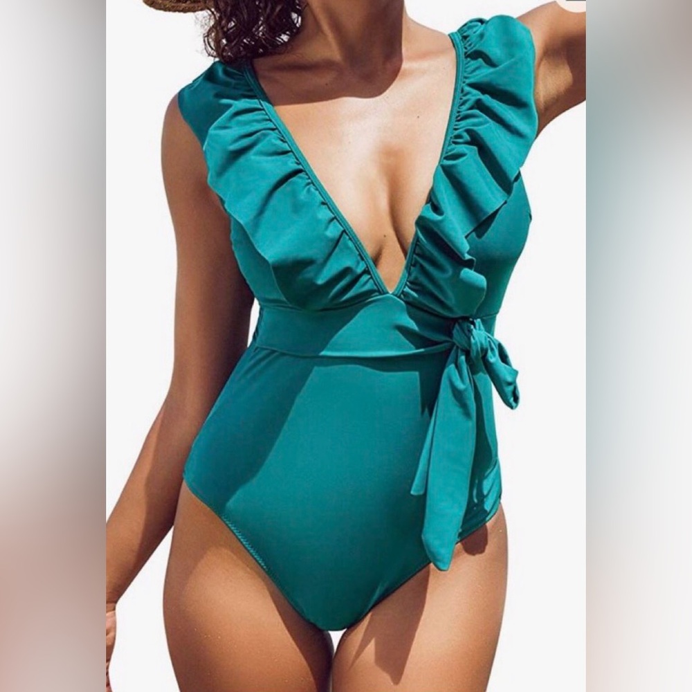 CUPSHE Women's Teal Plunging Ruffled Tie at The Waist One Piece Swimsuit